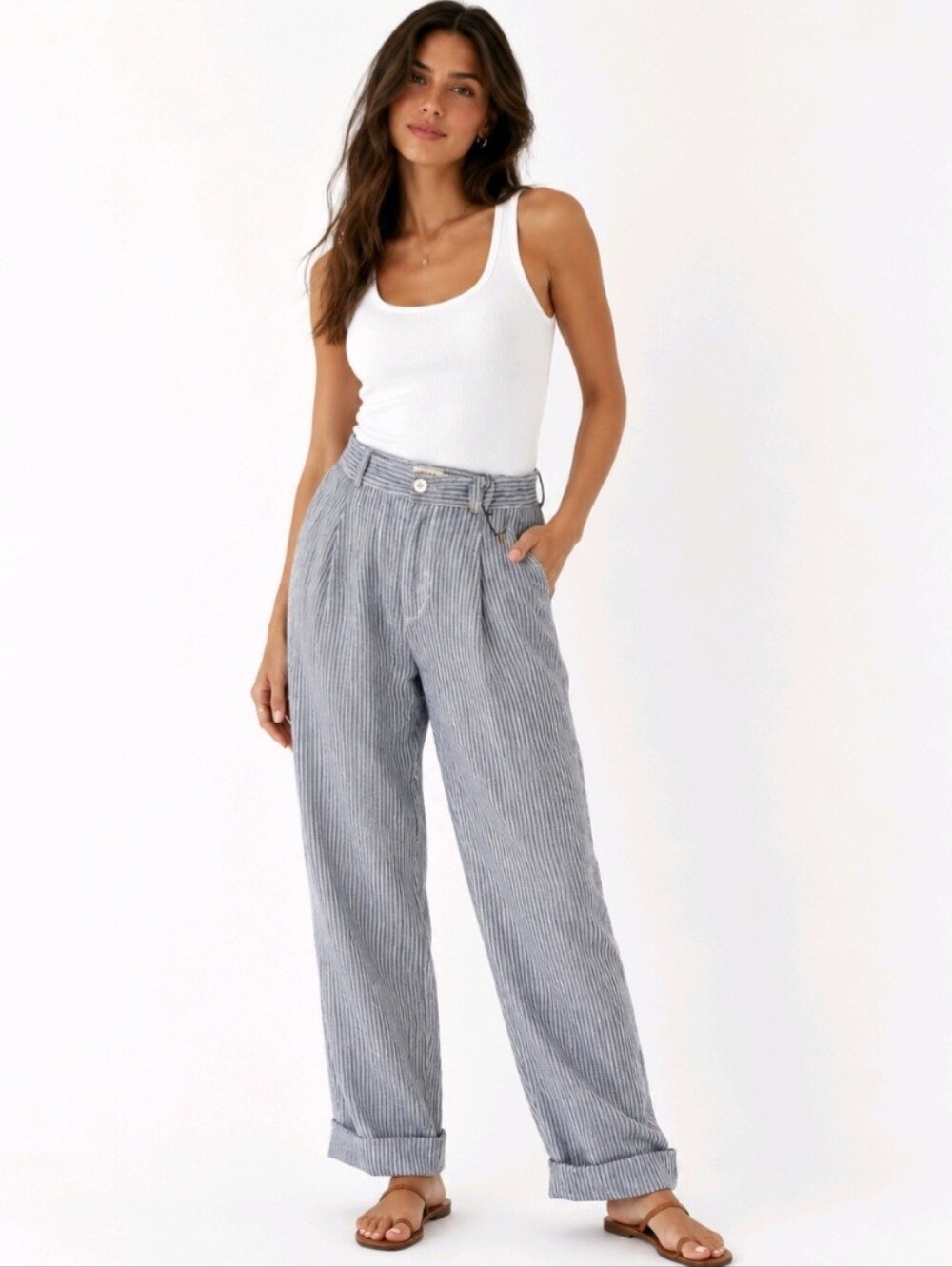 Claramonte Pants 100% Linen Blue Stripe Cuffed Pleated Size 38 NEW